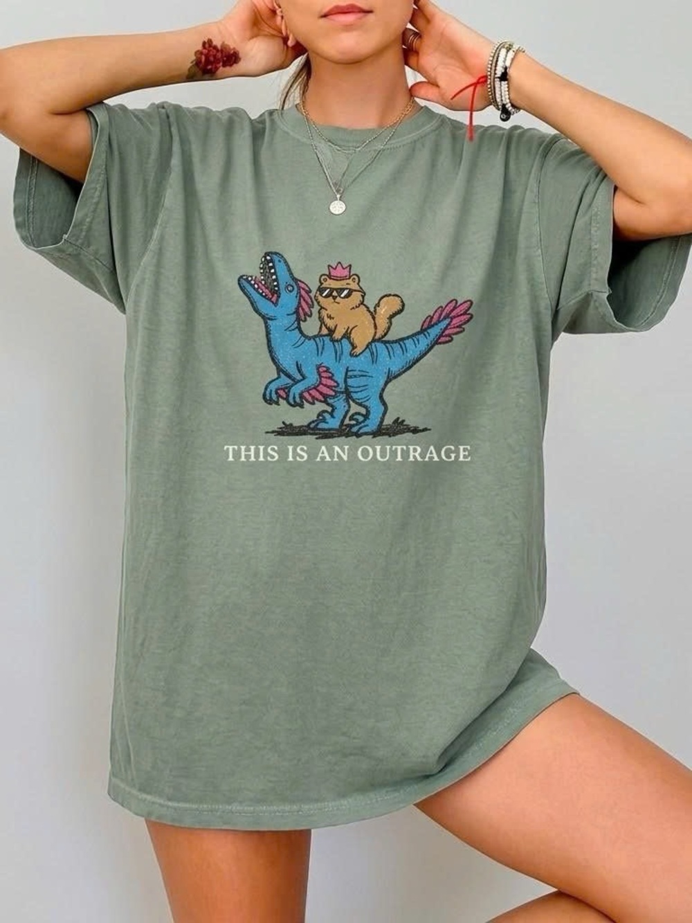Princess Donut Dinosaur This Is An Outrage Graphic Tee Sage Green